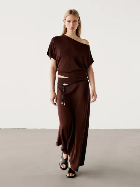 Комбинированный свитер с заниженными плечами Massimo Dutti, бордовый