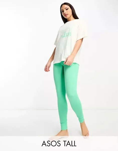 Эксклюзивная пижама ASOS DESIGN Tall, состоящая из футболки и леггинсов кремового цвета с зеленым цветочным принтом