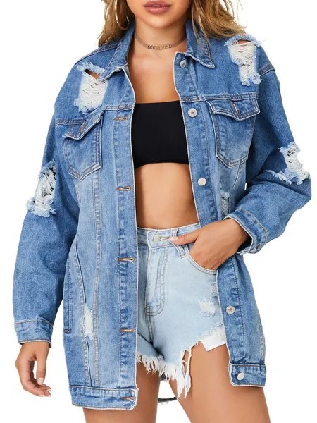 Milanoo Women Denim Jacket Turndown Collar Cut Out Letters Print Cowboy Overcoat