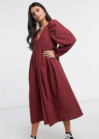 Темно-бордовое платье миди из хлопка в стиле бэби-долл ASOS DESIGN Petite-Красный