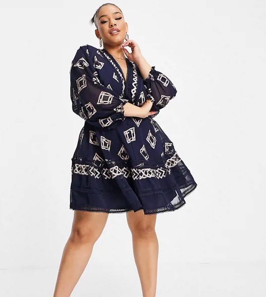Платье мини с вышивкой пышными рукавами на манжетах ASOS DESIGN Curve-Голубой