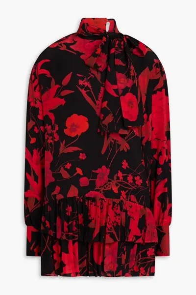 Блуза из шелкового крепа с бантиком и цветочным принтом Valentino Garavani, черный