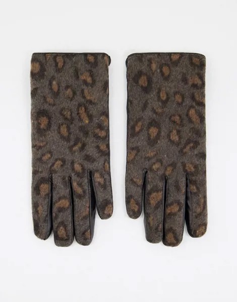 Серые перчатки из натуральной кожи с леопардовым принтом Barney's Originals-Серый