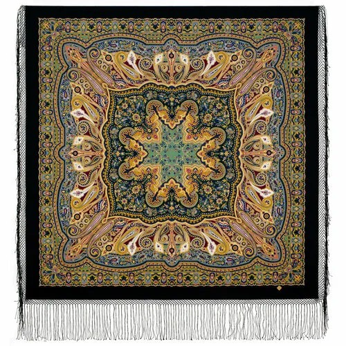 Платок Павловопосадская платочная мануфактура,148х148 см, зеленый, черный