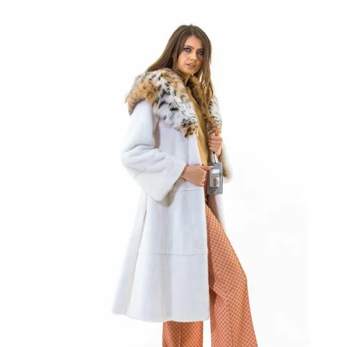 Пальто Mala Mati, норка, удлиненное, силуэт полуприлегающий, карманы, капюшон, пояс/ремень, размер 40, белый, бежевый