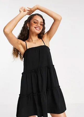 Черный сарафан на бретелях с ярусной оборкой ASOS DESIGN Petite-Черный цвет