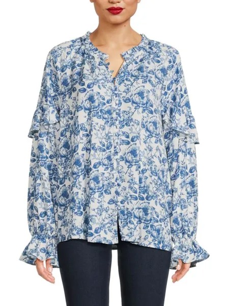 Рубашка с рукавами реглан с рюшами Saks Fifth Avenue, цвет Blue White