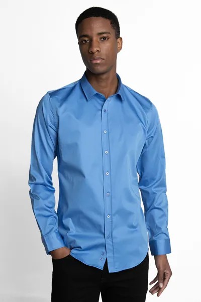 Приталенная мужская рубашка премиум-класса из 100% хлопка из атласа TUDORS, синий