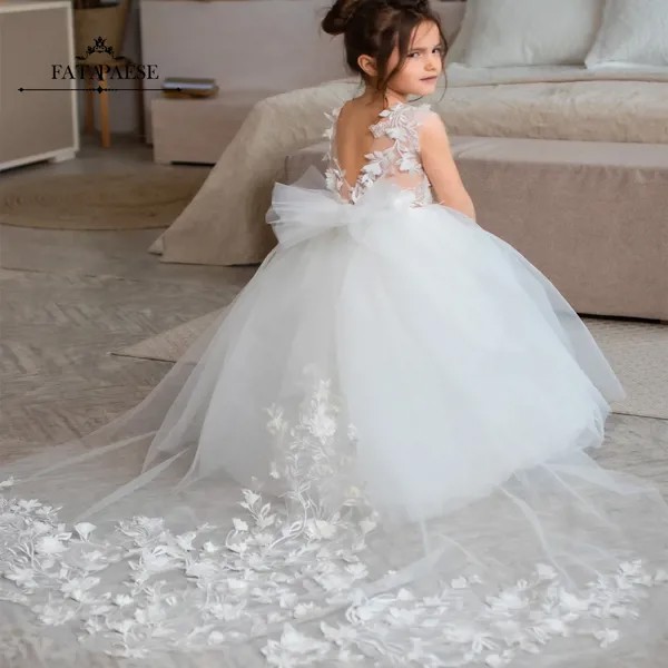 FATAPAESE Tutu платье для девочек цвета слоновой кости цветочные платья для девочек для детей Бальные платья со шлейфом маленькая Подружка невесты Свадебная вечеринка Первое причастие