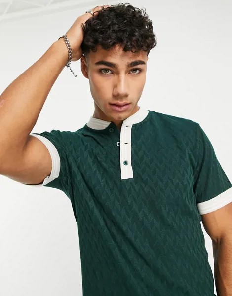 Зеленая фактурная футболка с контрастным воротником и манжетами ASOS DESIGN-Зеленый цвет