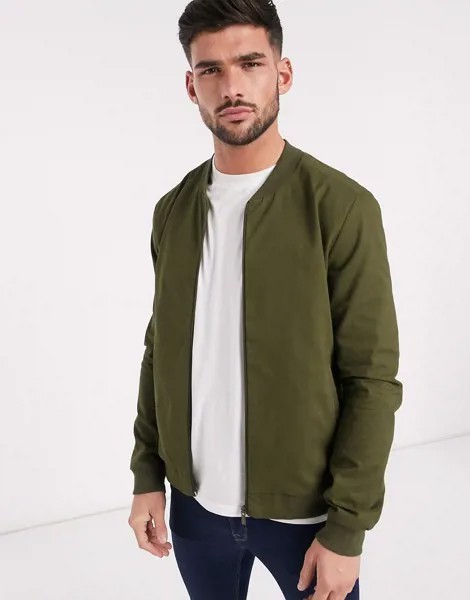 Легкий хлопковый бомбер цвета хаки New Look-Зеленый цвет