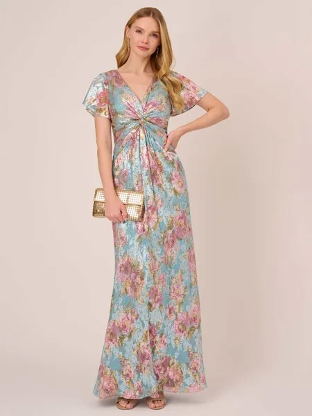 Платье макси Adrianna Papell из фольгированной сетки с цветочным принтом, мятный/мульти