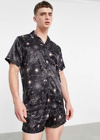 Атласная пижама с космическим принтом ASOS DESIGN-Черный цвет