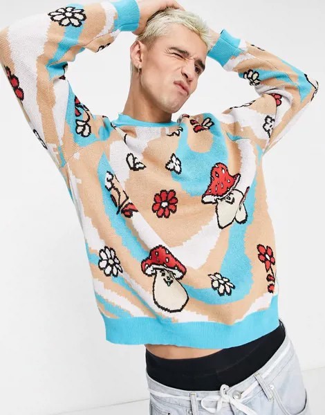 Вязаный джемпер с принтом завитков и грибами ASOS DESIGN-Разноцветный