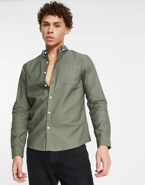 Оксфордская рубашка цвета хаки с длинными рукавами New Look-Зеленый цвет