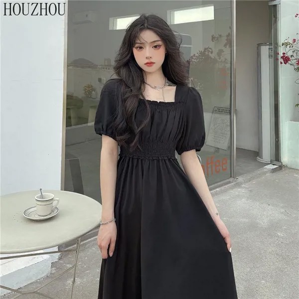 HOUZHOU Черное платье с коротким рукавом Женщины Сладкое Kawaii Лето Высокая талия Корейский элегантный квадратный воротник Midi Платье