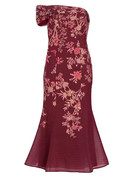 Платье миди с металлизированным цветочным принтом Marchesa Notte, цвет wine