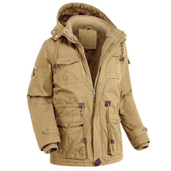 Мужская толстая флисовая теплая флисовая куртка с капюшоном и несколькими карманами средней длины на открытом воздухе