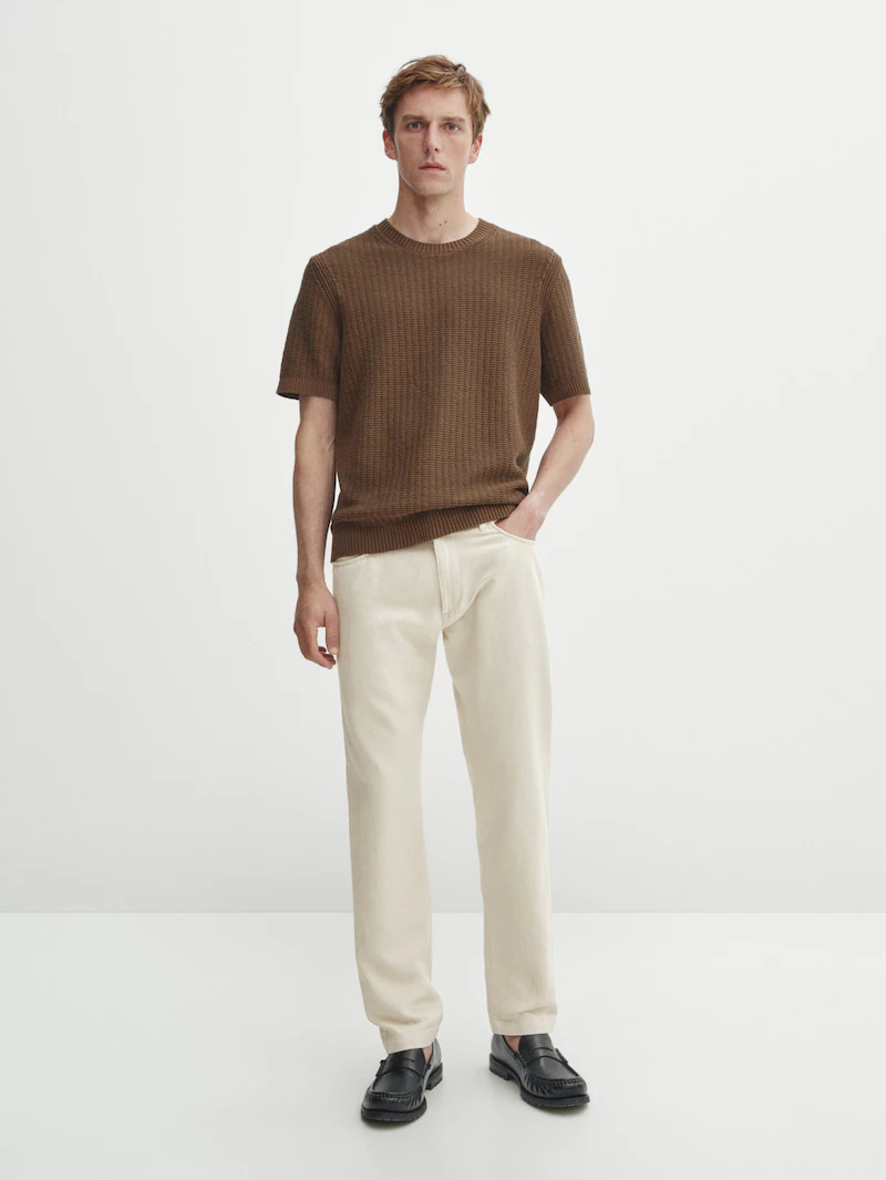 Трикотажная футболка из смеси хлопка и льна Massimo Dutti, охра