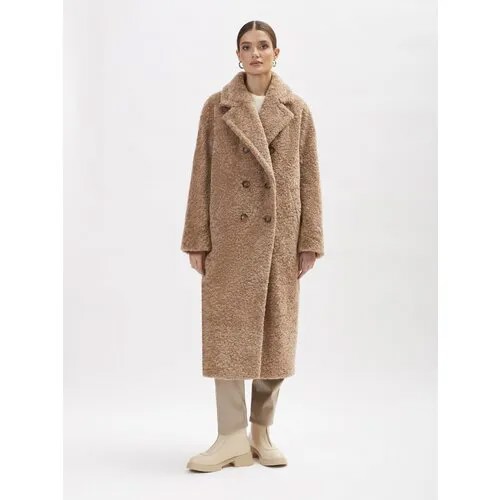 Пальто Electrastyle, искусственный мех, силуэт прямой, карманы, пояс/ремень, размер 48, бежевый