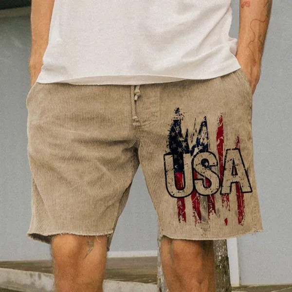 Мужские шорты Винтаж США Американский флаг с принтом вельветовые шорты 5 дюймов