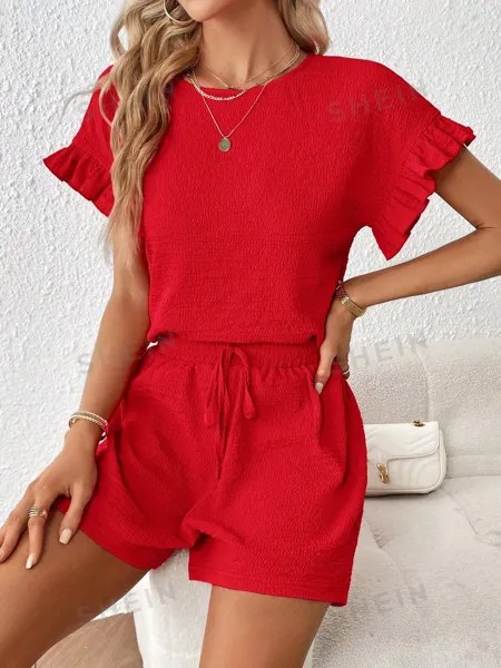 Топ женский и шорты Shein Essnce с круглым вырезом, красный