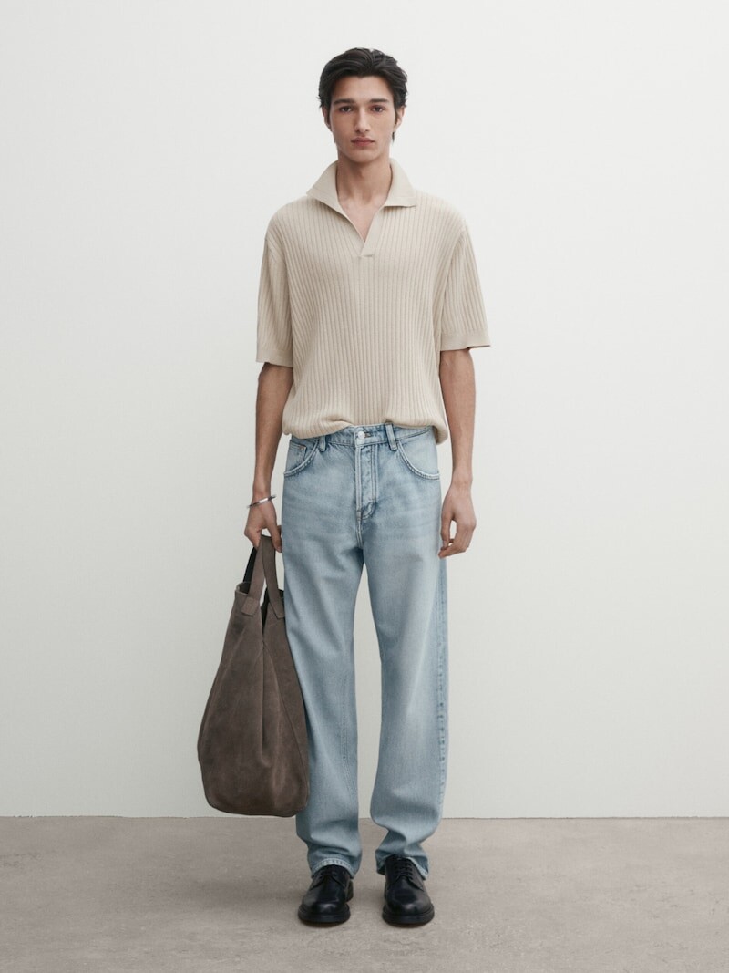 Рубашка-Поло из смеси хлопка и льна в рубчик Massimo Dutti, бежевый