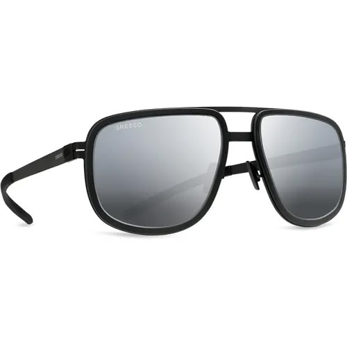 Титановые солнцезащитные очки GRESSO Walter - квадратные / серое зеркало / кант черный матовый