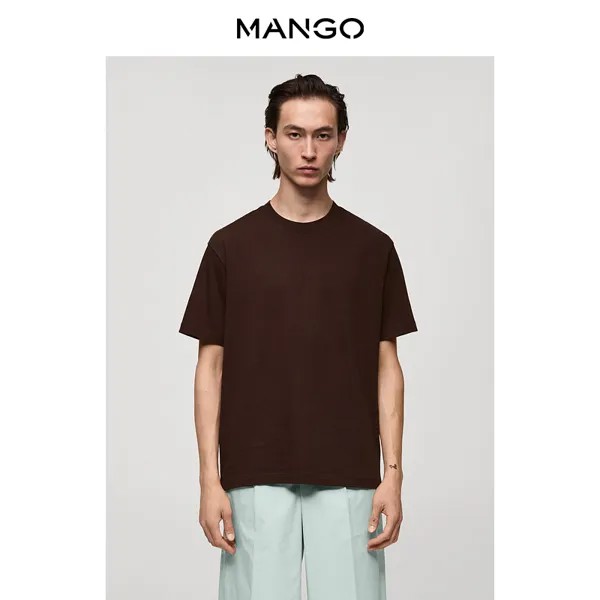 Мужская футболка MANGO, новинка лета 2024, темно-красная хлопковая свободная однотонная футболка с круглым вырезом, темно-красный