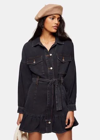 Черное джинсовое платье-рубашка мини с поясом Topshop-Черный цвет