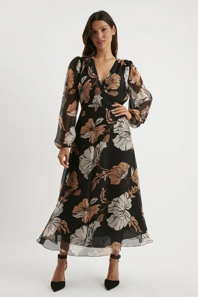 Платье макси из шелкового микса с цветочным принтом Wallis, черный