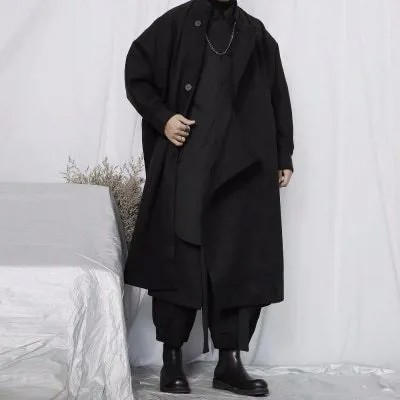 Новое мужское черное пальто, твидовое пальто средней длины, асимметричное Свободное пальто до колен, Осень-зима