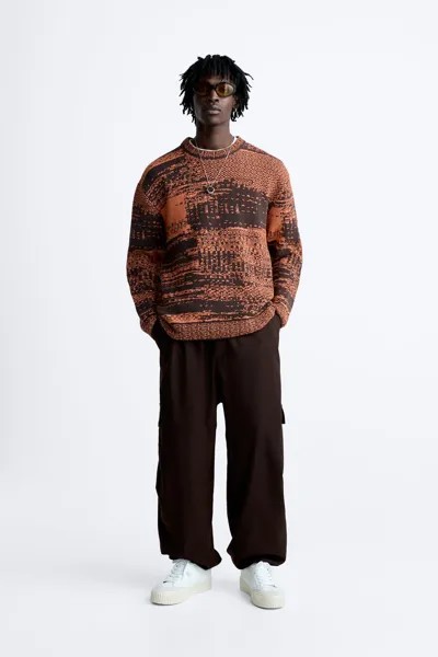Контрастный жаккардовый свитер ZARA, оранжевый