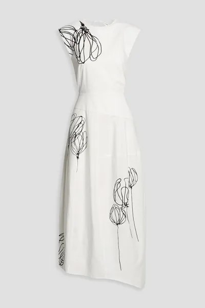 Платье миди из хлопкового поплина с асимметричным принтом TIBI, белый
