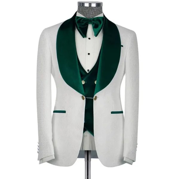 Зеленые мужские костюмы с воротником-шалью, свадебные смокинги из двух предметов, официальный деловой костюм, Мужская Свадебная одежда для жениха, жаккардовая жилетка
