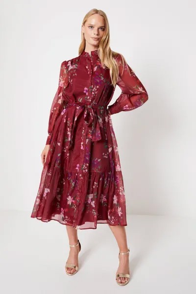 Платье-рубашка миди из органзы с поясом и цветочным принтом Berry Oasis, красный