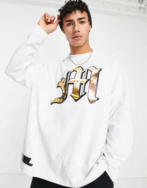 Белый лонгслив в стиле oversized с принтом инициала Микеланджело Topman