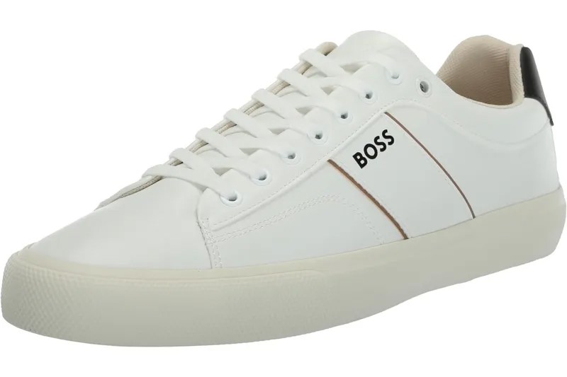 Мужские низкие кожаные низкие кеды с логотипом Hugo Boss Aiden, черный перец/белая соль, цвет Open White