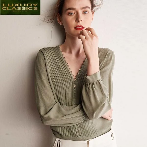 100% в винтажном стиле; Натуральная кожа летние шелковые Blusas Mujer De Moda 2021 корейский элегантный Сексуальная Блузка для женщин, топы, рубашка с дл...