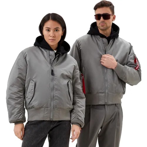 Бомбер ALPHA INDUSTRIES, силуэт свободный, ветрозащитная, манжеты, подкладка, водонепроницаемая, без капюшона, карманы, размер S, серый