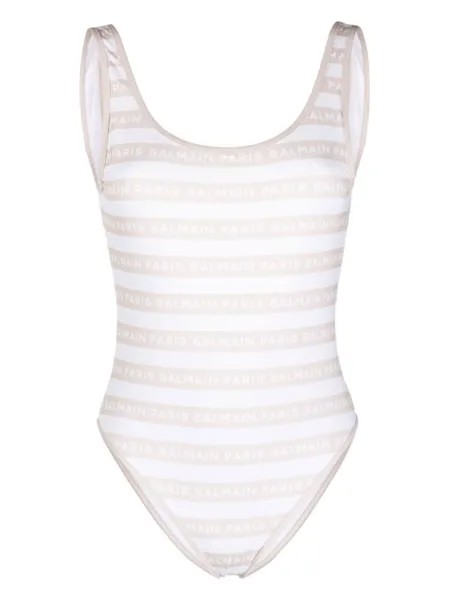 Balmain купальник в полоску с логотипом, белый