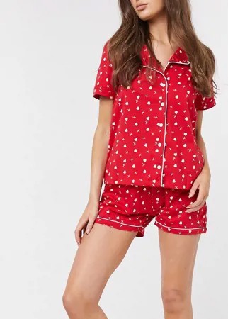 Пижамный комплект из рубашки и шорт красного цвета с белыми сердечками Threadbare-Красный