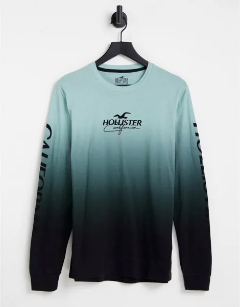 Лонгслив зеленого цвета с эффектом омбре и логотипом на груди и рукавах Hollister-Зеленый цвет