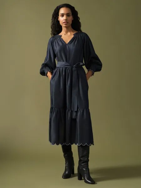 Многоярусное платье миди из шамбре Great Plains, цвет темный индиго