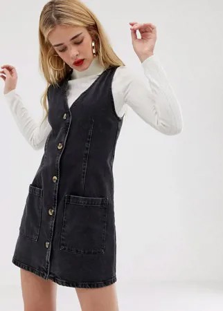 Джинсовый сарафан на пуговицах с V-образным вырезом ASOS DESIGN-Черный