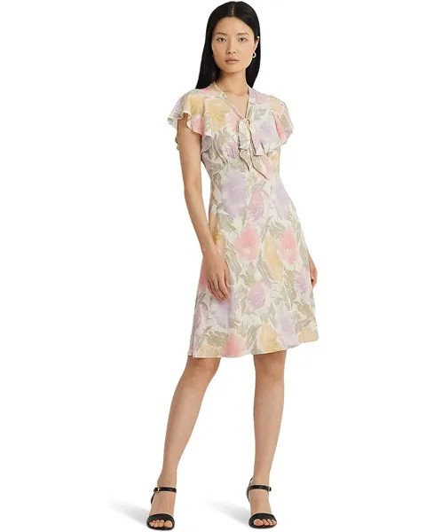 Платье LAUREN Ralph Lauren Floral Bubble Crepe Tie-Neck, кремовый