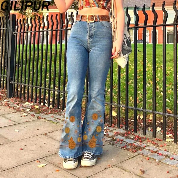 Винтажные джинсы GILIPUR с цветочным принтом, женские повседневные расклешенные брюки с высокой талией, хлопковые корейские джинсовые брюки, О...