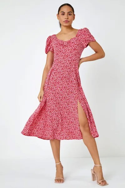Платье миди с мелким цветочным принтом и бантиком Dusk, красный