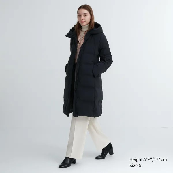 Длинное бесшовное пуховое пальто Uniqlo, черный