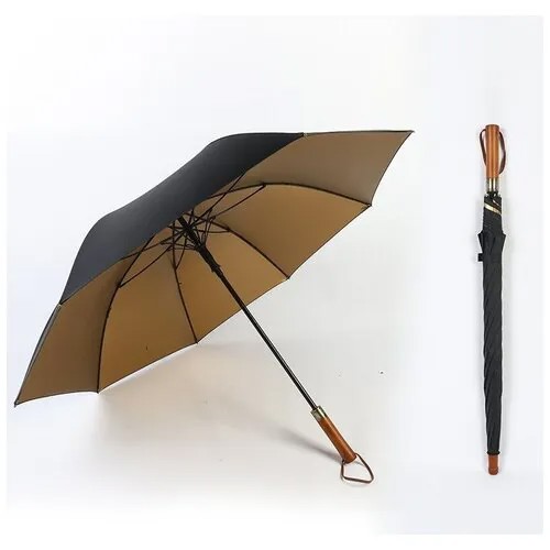 Зонт-трость полуавтомат, купол 120 см., 8 спиц, деревянная ручка, золотой, черный